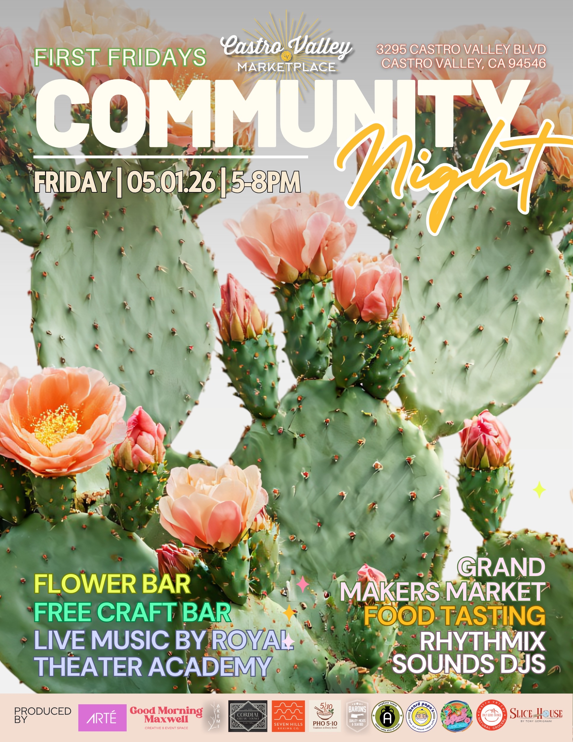 May First Fridays Community Night flyer with flower bar, craft bar, makers market, food tasting, and live music