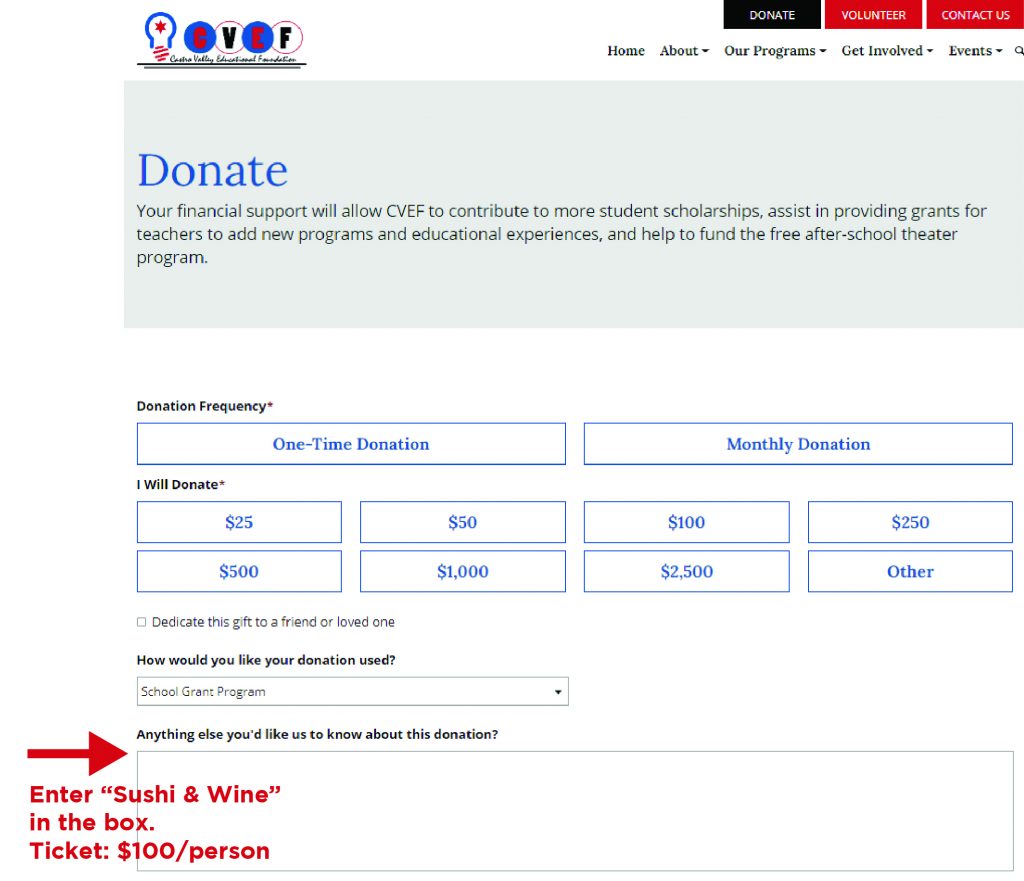 Castro Valley Educational Foundation Sushi and Wine Ticket Purchase